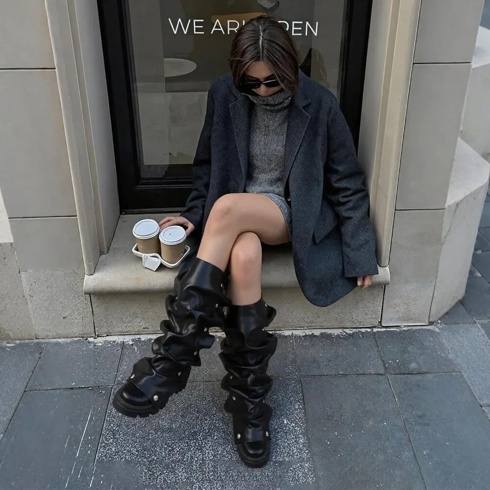 Women's Black Pu Fold Over Knee Slouchy Ruched Stacked Heel Round Toe Boots
